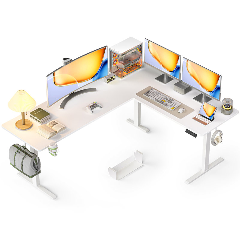 Bureau debout en L réversible de 75 po, réglable en hauteur avec porte-gobelet, poste de travail électrique en coin, bureau personnel assis-debout, jeu ergonomique, blanc