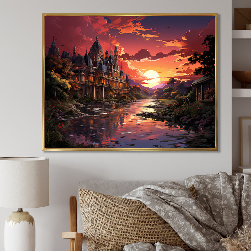 " Mystery Castel With Croal Sunset ", Gold Floater Framed, 34" H x 44" W x 1.5" D