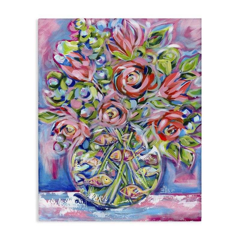 Art mural sur toile Roses & Goldfish par Estelle Grengs, H 20 po x l 16 po