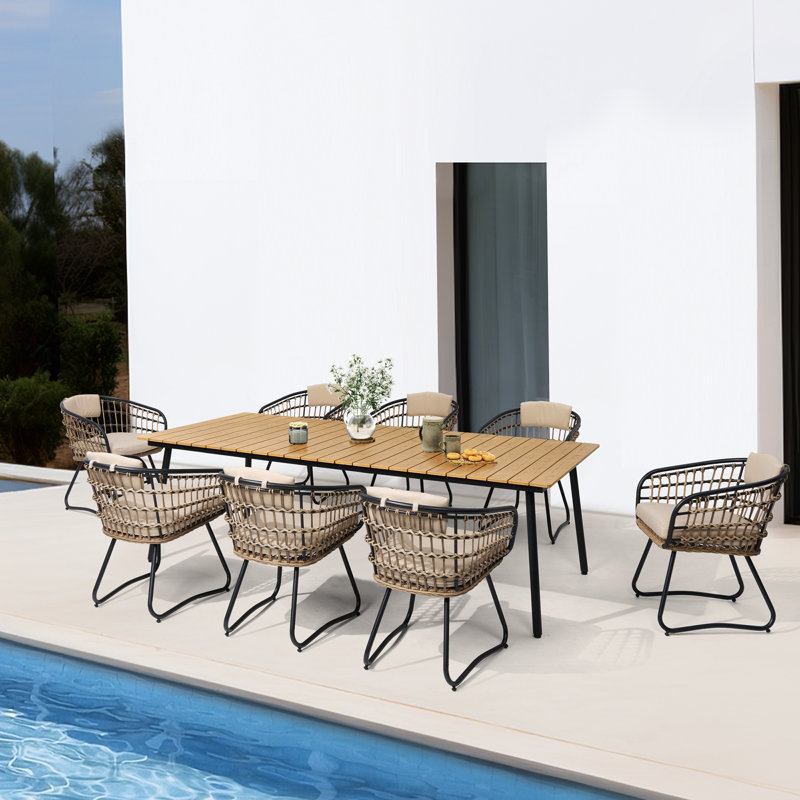 Ensemble repas extérieur pour 8 personnes avec coussins Marles (ensemble de 9), Beige / brun