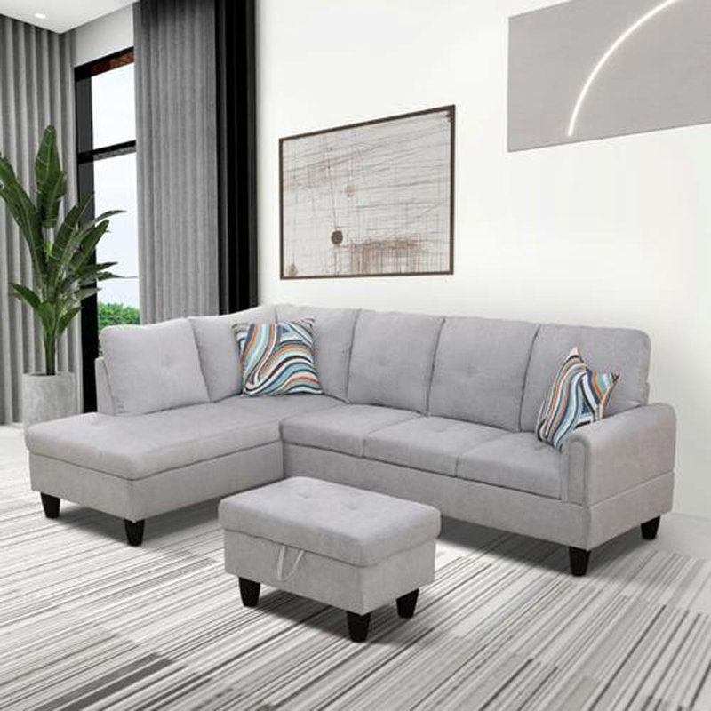 Canapé modulaire en L avec repose-pieds 3 pièces Straton, Velours noir, Orienté à droite