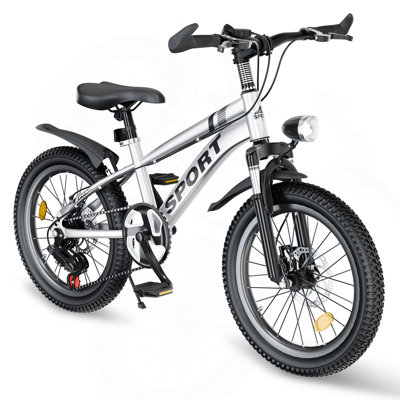 FKZNPJ 20 Inch Kids Mountain Bike For Boys & Girls Ages 7-12 – 7-Speed Gears, Dual Disc Brakes, Shock Absorber Front Fork, LED Light – Silver & Pink