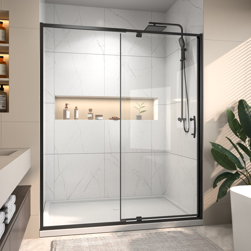 56"- 60" W x 71" H Single Sliding Semi-Frameless Shower Door, Matte Black