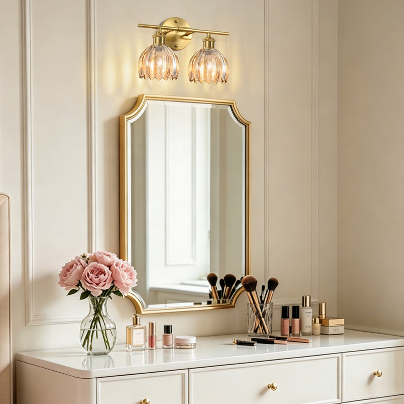Éclairage pour meuble-lavabo en or 2 lumières avec abat-jour en verre tulipe ambré, applique murale moderne pour miroir, salle d'eau, couloir