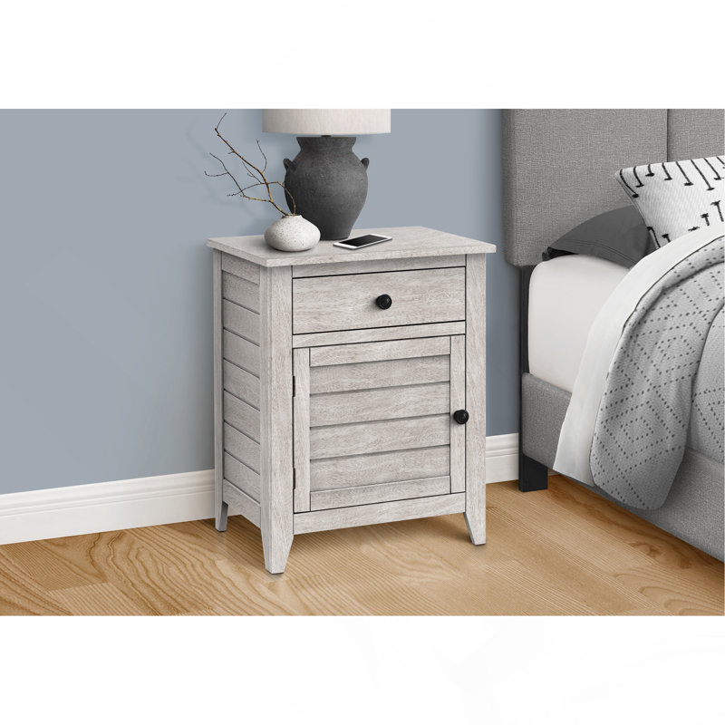 Table d'appoint, table de chevet, tiroir de rangement, bout, table d'appoint, chambre à coucher, lampe, rangement, placage gris, transitionnel