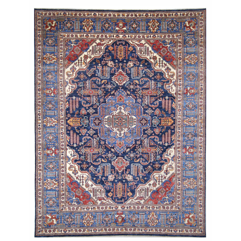 Tapis bleu marine et bleu de haute qualité noué à la main