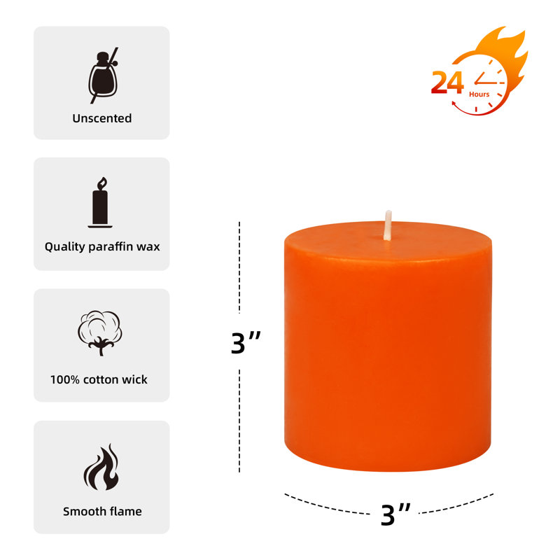 Bougie pilier sans parfum sans paraffine sans fumée, Hauteur de 3 po, diamètre de 3 po, Orange, 1 bougie