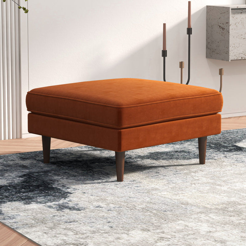 Lightner Orange Velvet Square Ottoman with Brown Wooden Legs