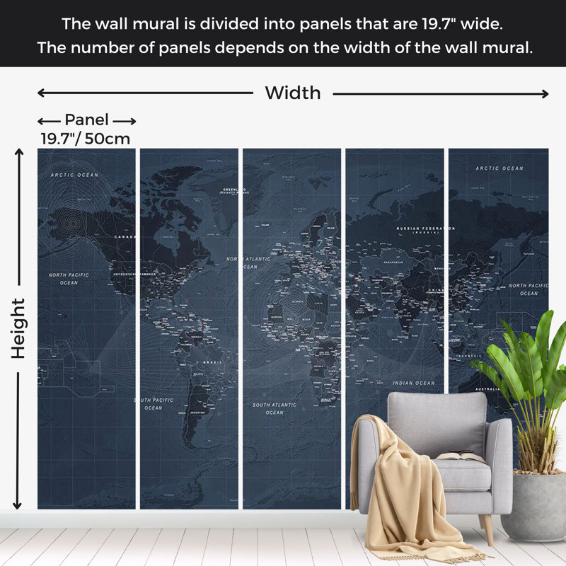 Map Wallpaper Wall Mural - Contemporary Loft World Map, 110" L x 157" W