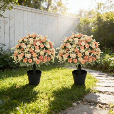 Artificial Rose Plant in Pot Set of 2, UV Resistant Faux Flowers for Outdoor