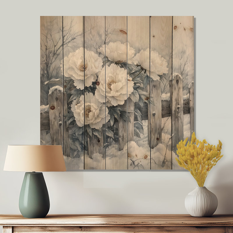 Peonies By The Snowy Fence In Winter II - Peonies Wood Print - On Natural Pine Wood, 30" H x 30" W x 0.78" D