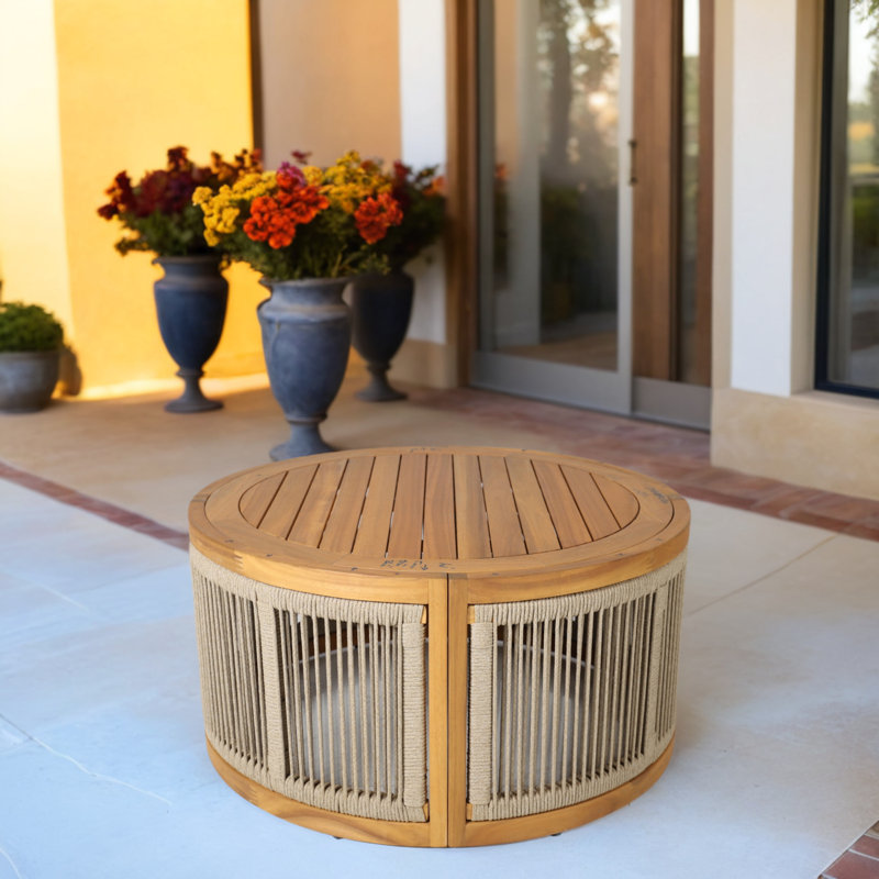 Table basse ronde d'extérieur en acacia, H 16,14 po x l 31,5 po x P 31,5 po
