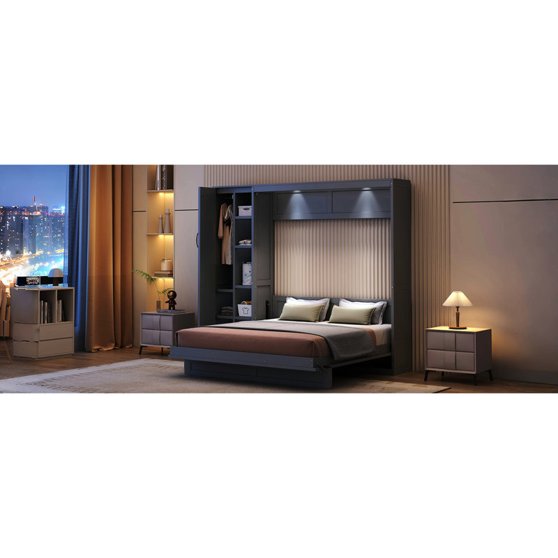 Grand lit mural, gris, tablettes, garde-robe et lumières à DEL, idéal pour les espaces domestiques multifonctionnels