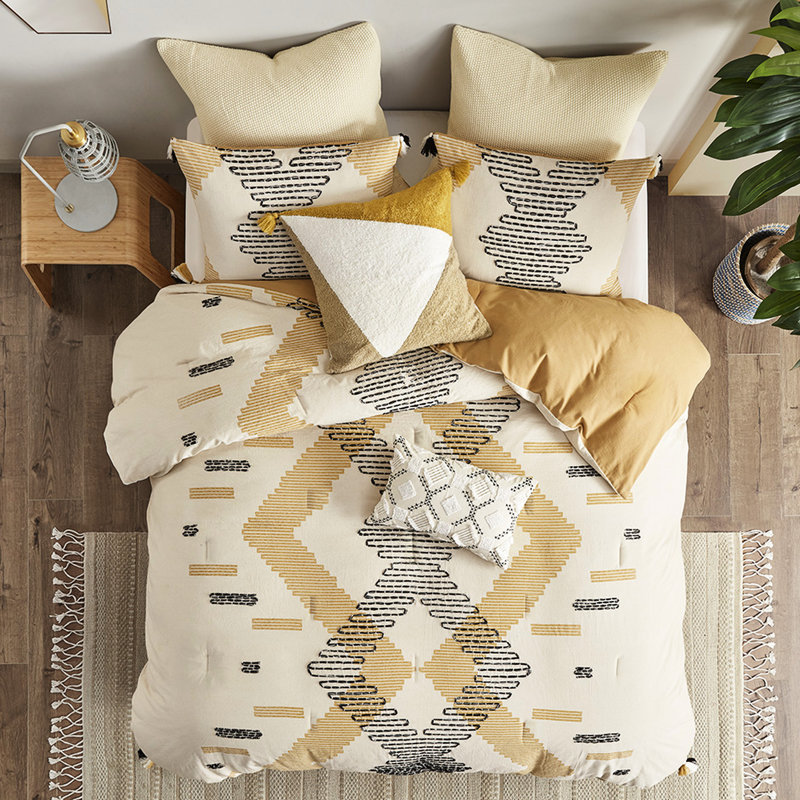 Édredon en coton à imprimé géométrique avec pampilles jaunes et grises à motifs jaune-gris