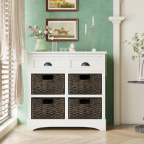 Storage Cabinet Storage Unit with 2 Wood Drawers and 4 Wicker