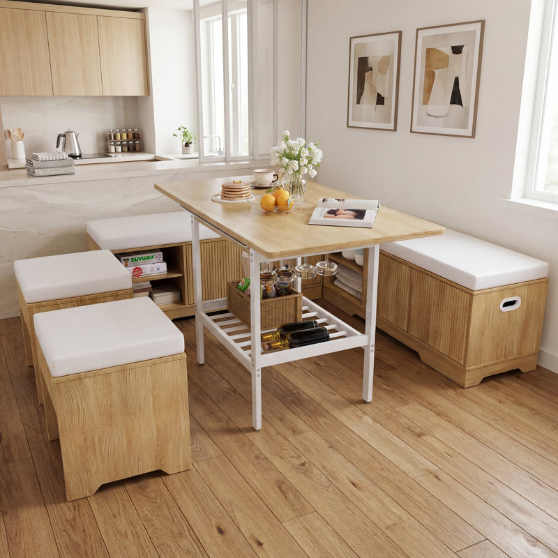 Ensemble de table de coin-repas extensible avec bancs et tabourets de rangement, ensemble de table de salle à manger de coin 6 pièces