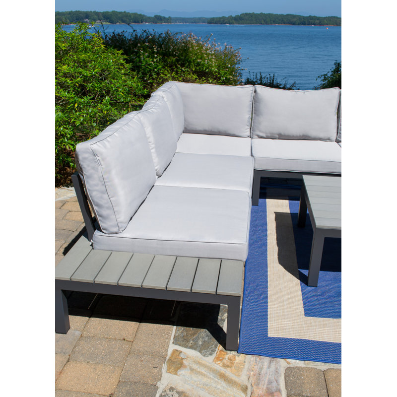 Light Gray Aluminum 5-Person Outdoor Sectional Set with Poly-Lumber Table