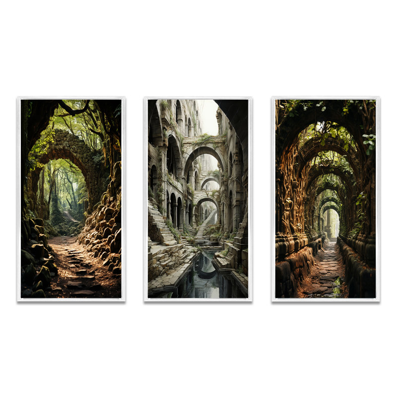 Green Green Tunnel Enchanted Forest Earthy - ensemble de 3 pièces, H 32 po x l 48 po, Cadre blanc