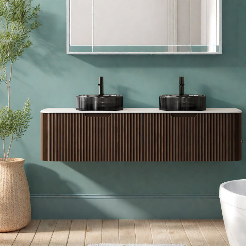 Meuble-lavabo moderne en noyer avec lavabo en verre, conception murale compacte
