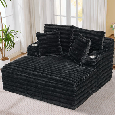 60.24" Black Corduroy Chaise Lounge Indoor Sofa Bed, Cup Holder & Armrests, No Assembly