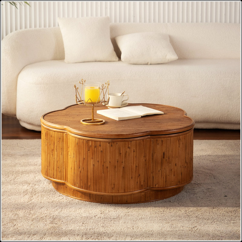 Table basse en rotin en forme de fleur avec rangement amovible, style boho-chic, parfaite pour les salons confortables et les espaces compacts