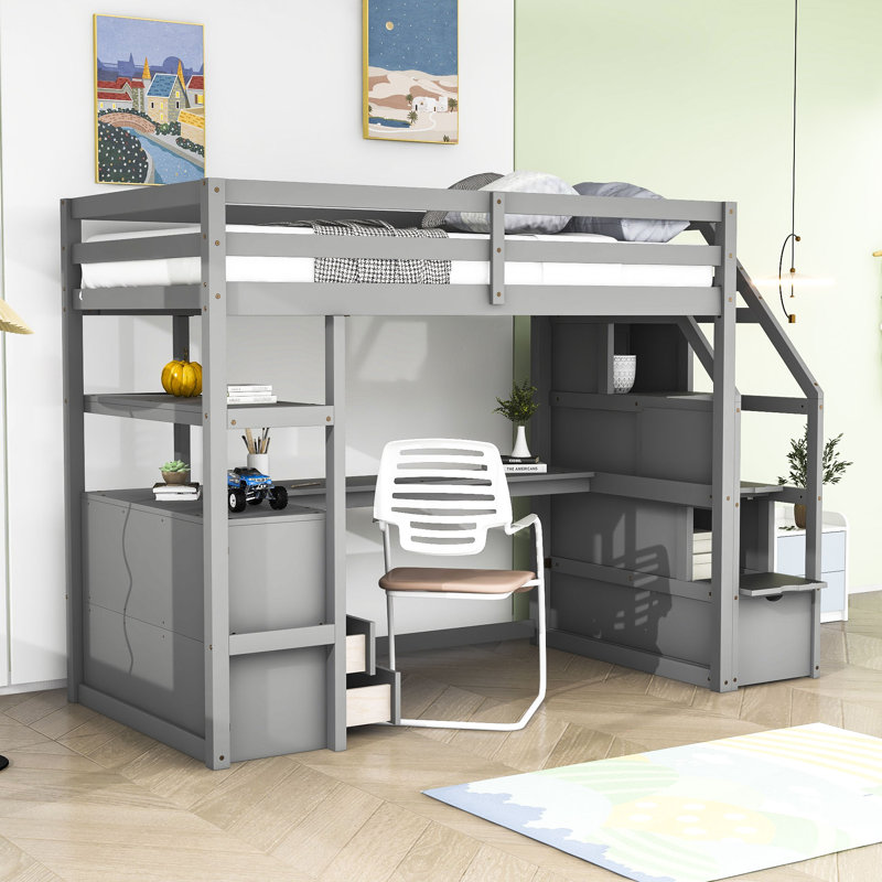 Lit mezzanine en bois avec bureau, tablettes et deux tiroirs Kaci, Simple, gris