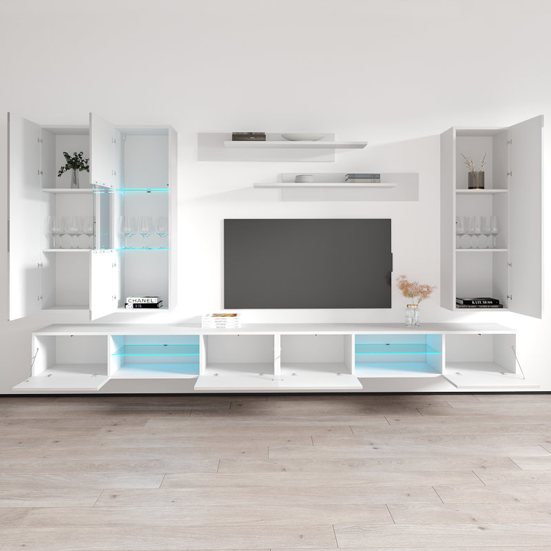 126" Modern Floating Wall Mounted Entertainment Center with 16-Color LED Lighting, High Gloss Finish, White