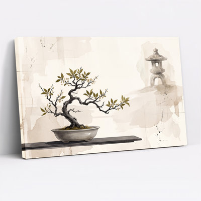 Bonsai Tree with Stone Lantern Beige Watercolor Canvas Wall Art