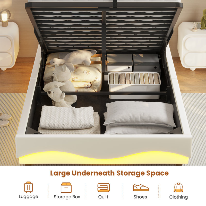 Lift Up Storage  Bed Frame With Charging Station And Hidden Storage Headboard, Led Lights Upholstered Platform Bed With Hydraulic Storage,