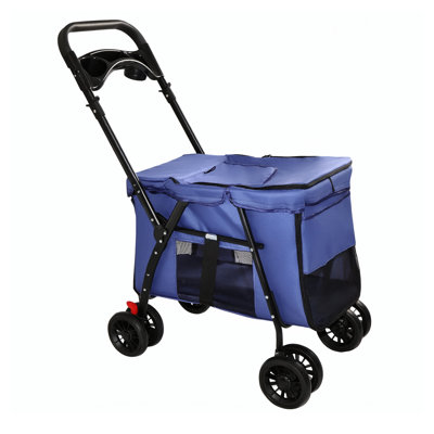 Navy Blue Foldable Pet Stroller with Shockproof Wheels, Breathable Mesh Carrier for Small to Medium Dogs and Cats