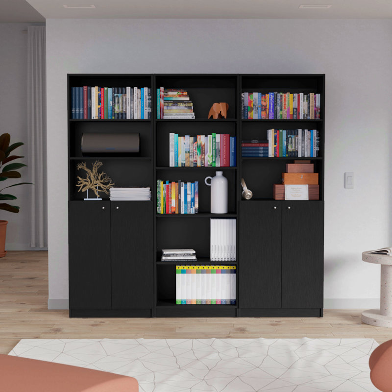 Three Piece Home Bookcase Set, 74" Wide With 11 Shelves And Two Double-Door Cabinet, Living Room Set, Black