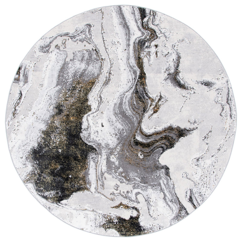 Kira Abstract Gray/Gold Area Rug, Round 6'7"
