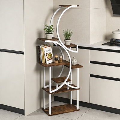 8-Tiered Plant Stand With Rectangular Wood Base, 62" Tall Indoor Outdoor Corner Plant Rack for Multiple Plants, Metal S-Shaped Flower Holder Plant Shelf for Home, Patio