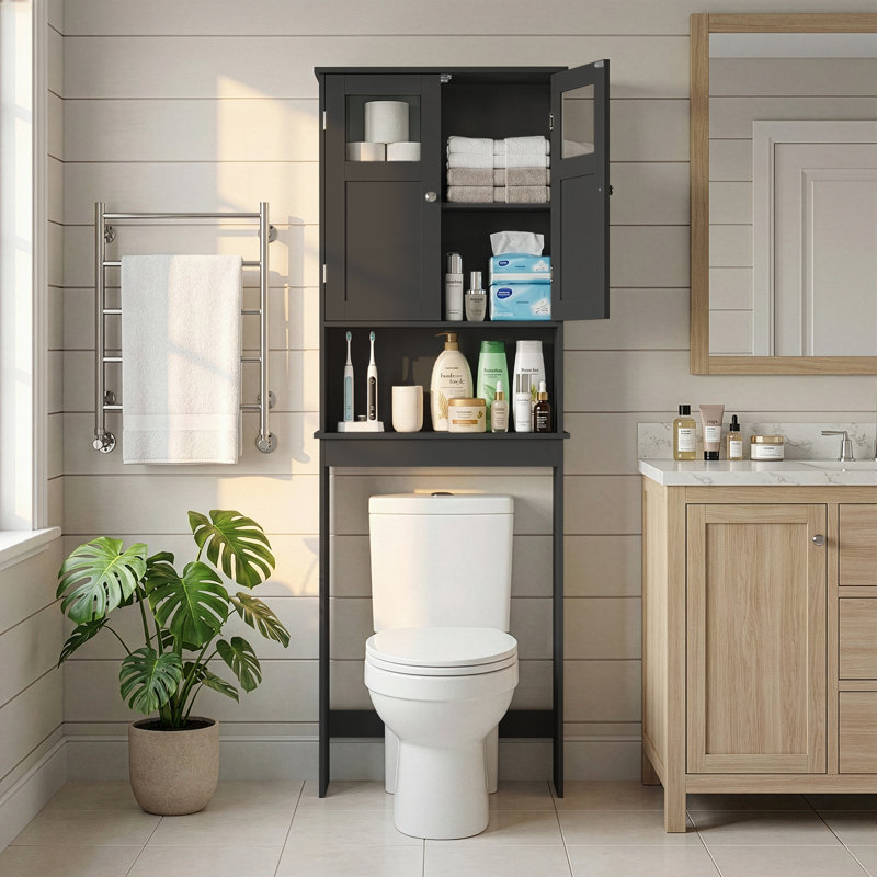 66.9'' Black Toilet Cabinet With 2 Doors, Black