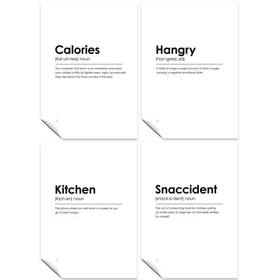 Calories, Hangry, Kitchen And Snaccident - 4 Piece No Frame Print Set