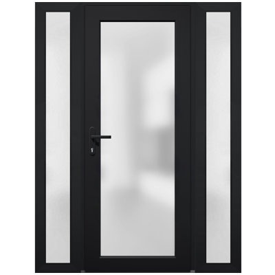 Porte d'entrée extérieure prémontée en PVC-U métallisé, verre dépoli, Manux 8102, noir mat, 2 fenêtres latérales. Convient aux bureaux, aux commerces et aux habitations. Porte d'entrée, patio, garage. Dimensions : L 14 + 36 + 14 x H 80. Ouverture à droite vers l'intérieur.
