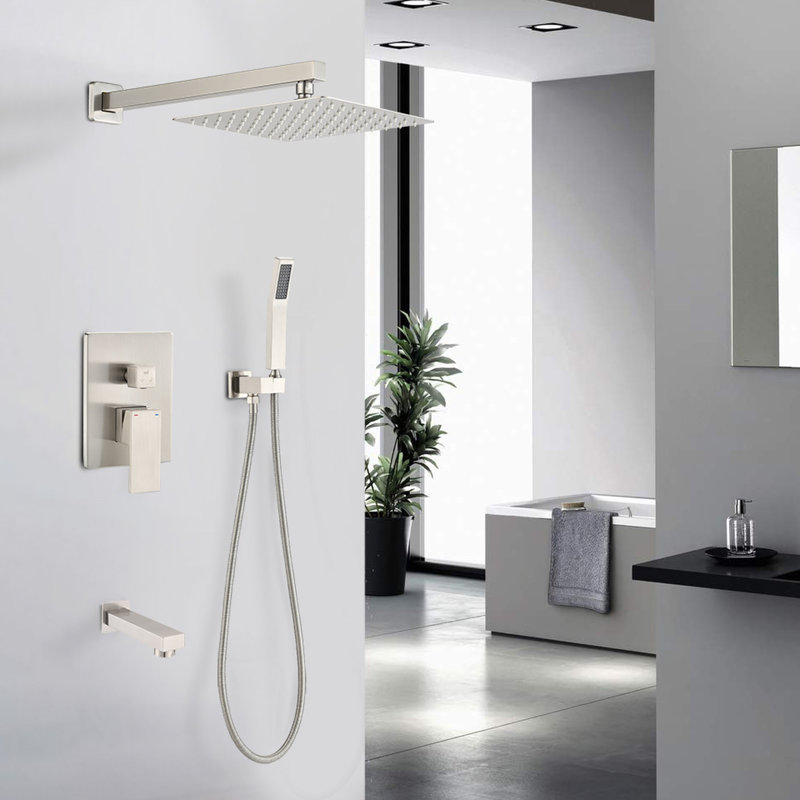 Wall Mounted Shower With Brushed Nickel Head - 10 Inch Rain Head, Handheld Shower, High Flow, Leak- Design Assembly Kit 10" Performance, Self-cleaning Nozzle