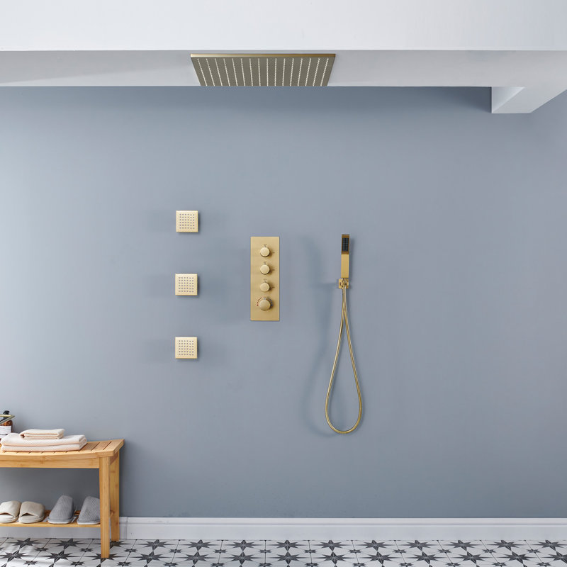 Système de douche thermostatique 3 fonctions avec 3 jets de corps et valve brute AquaRhapsody, Or brossé