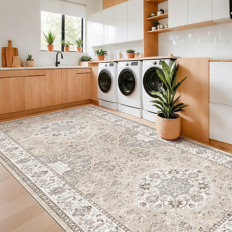 Washable Entryway Rug: Farmhouse Kitchen Hallway Rug Wide Soft Water Resistant Floor Mat for Bathroom Nursery Non Slip Indoor Carpet for Living Room Bedroom Dining Room(Beige)