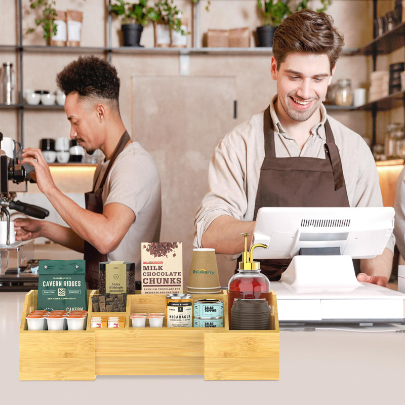 Bamboo Extendable Coffee Station Organizer with Multiple Compartments