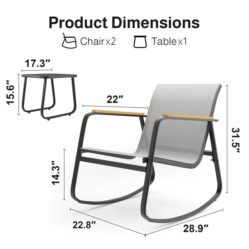 Ensemble de patio à bascule 3 pièces avec accoudoirs en bois massif et table basse, Gris