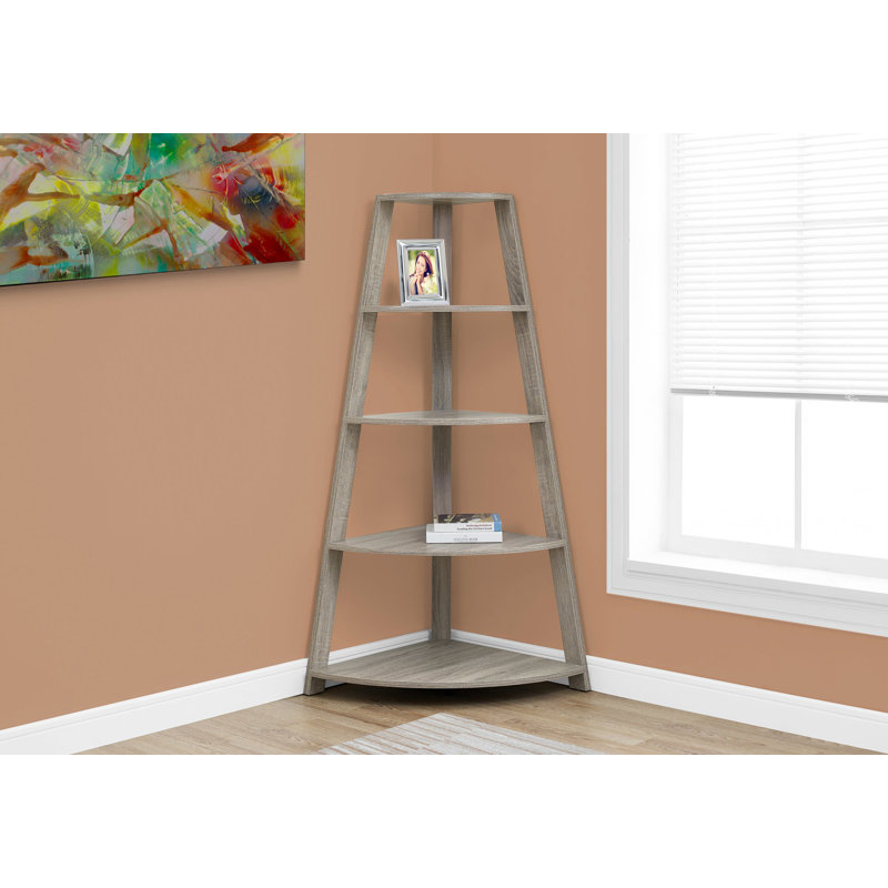 Bookshelf, Bookcase, Etagere, Corner, 4 Tier, 60"H, Office, Bedroom, Contemporary, Modern, Dark Taupe