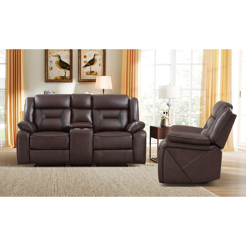 Ensemble de salon inclinable manuel 2 pièces en cuir végétalien avec console, Marron foncé