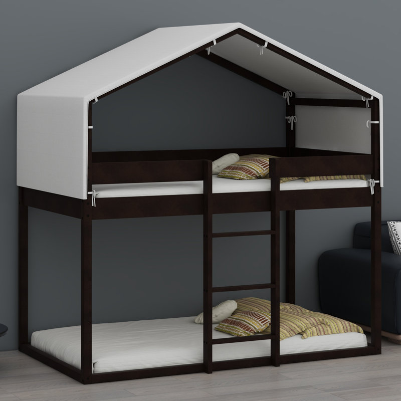 House-Shaped Bunk Bed Wood Frame With Tent, Espresso