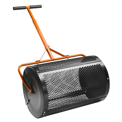 Compost Spreader and Peat Moss Spreader, 24" Push/Tow-Behind Roller Lawn Spreader with Height Adjustable T Shaped Handle, Steel Mesh Basket Garden Spreader for Spreading Manure Topsoil, Black