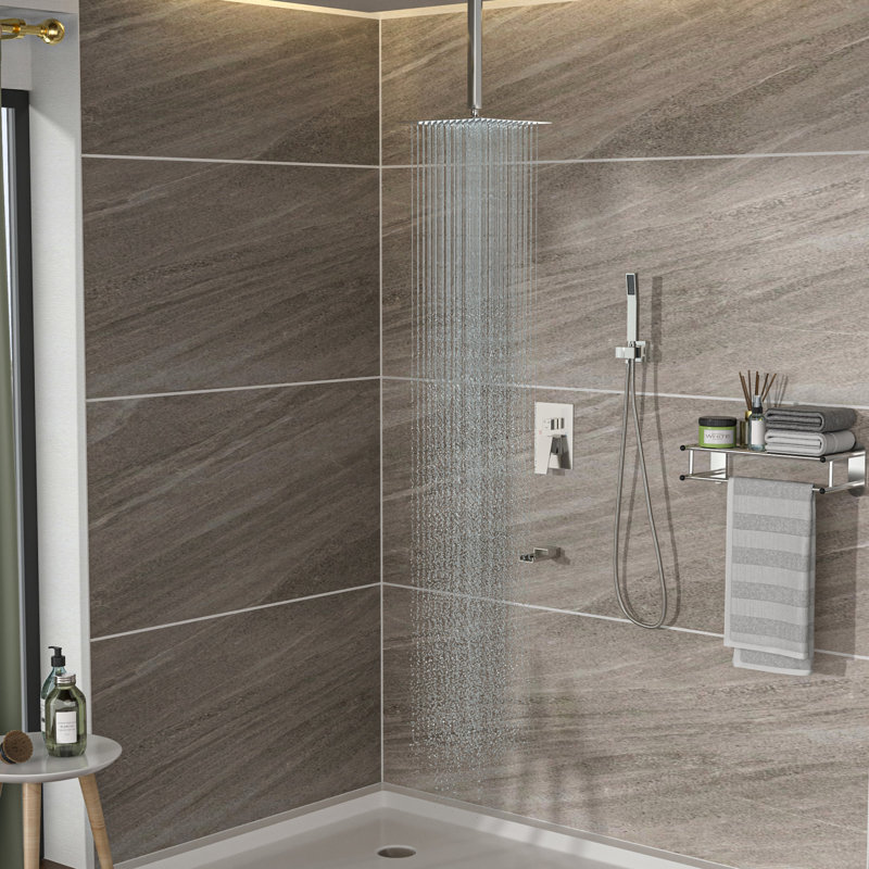 Système de douche avec bec de baignoire en cascade - Plafonnier carré en nickel brossé 3 fonctions à 3 fonctions, valve de pluie et à main Installation rapide et simple Nettoyage rapide