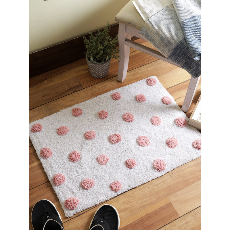 Pink Polka Dots Hand Tufted Cotton Bath Rug