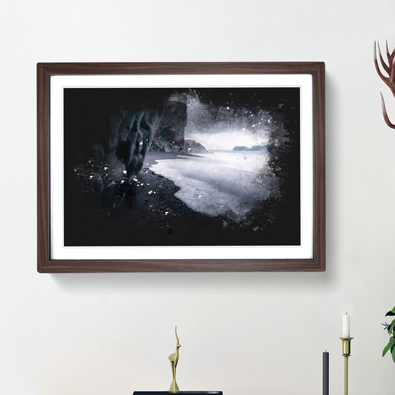Black Beach in Iceland - Picture Frame Painting Print, 24cm H x 33cm W x 2cm D, Walnut Framed