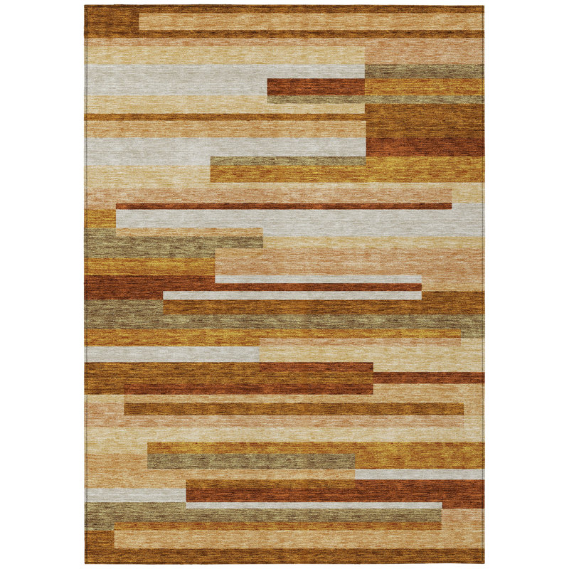 3' X 5' Orange Copper And Taupe Striped Washable Indoor Outdoor Area Rug