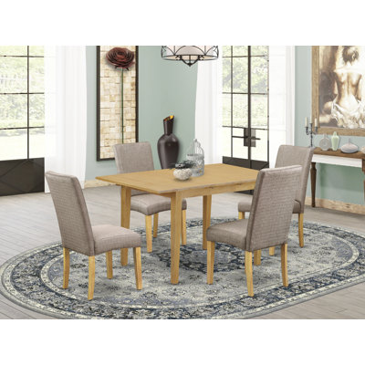 L'ensemble de table de cuisine 3 pièces comprend une table de salle à manger rectangulaire avec des feuilles papillon et 2 chaises rembourrées en tissu kaki foncé, en chêne